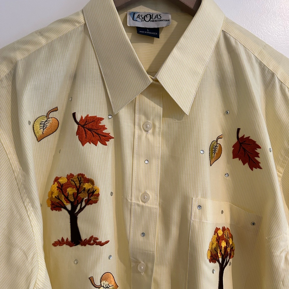 Las Olas Embroidered Fall Leaves Shirt Yellow Orange Size L